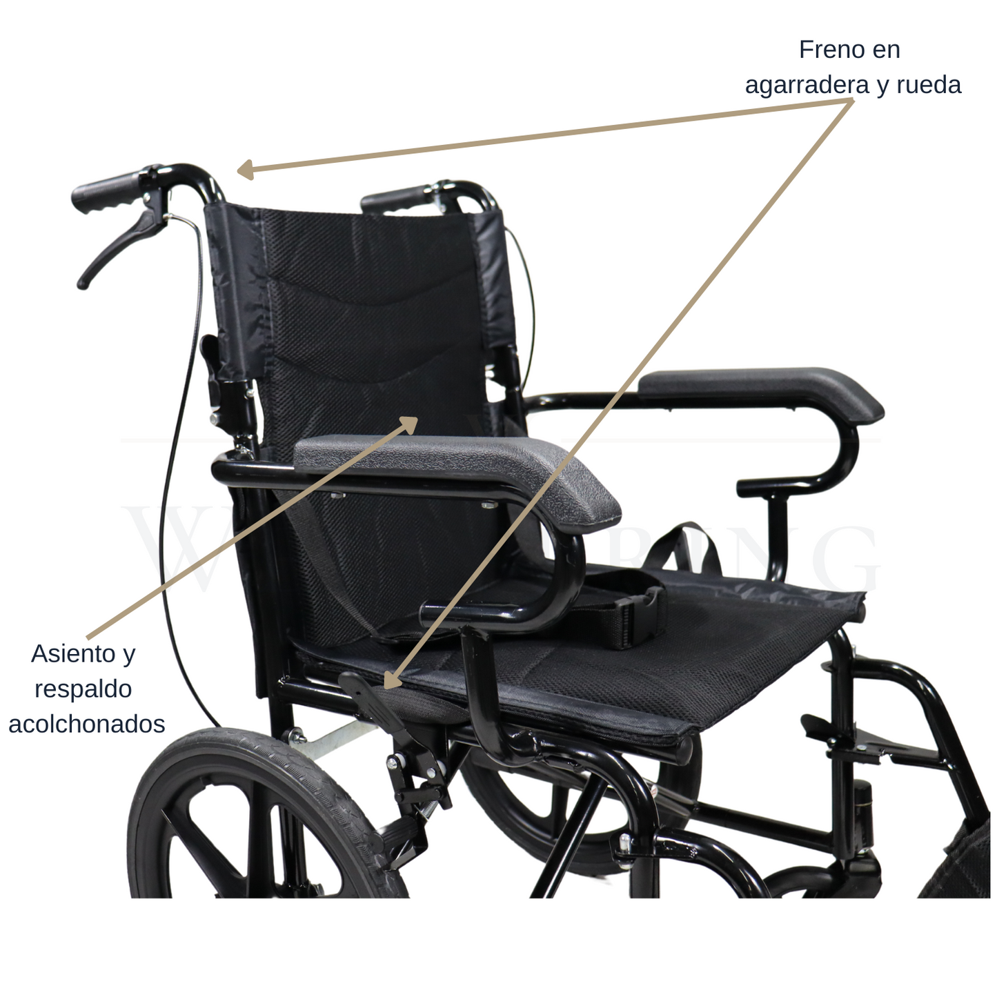 Silla de ruedas de traslado ligera básica con freno
