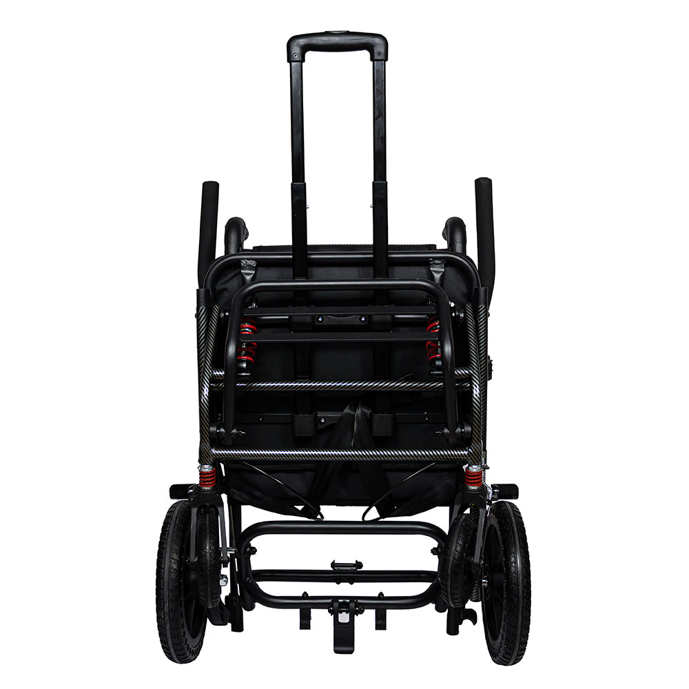 Silla de ruedas de traslado de lujo para viaje, plegado tipo maleta, acabado fibra de carbono con amortiguadores