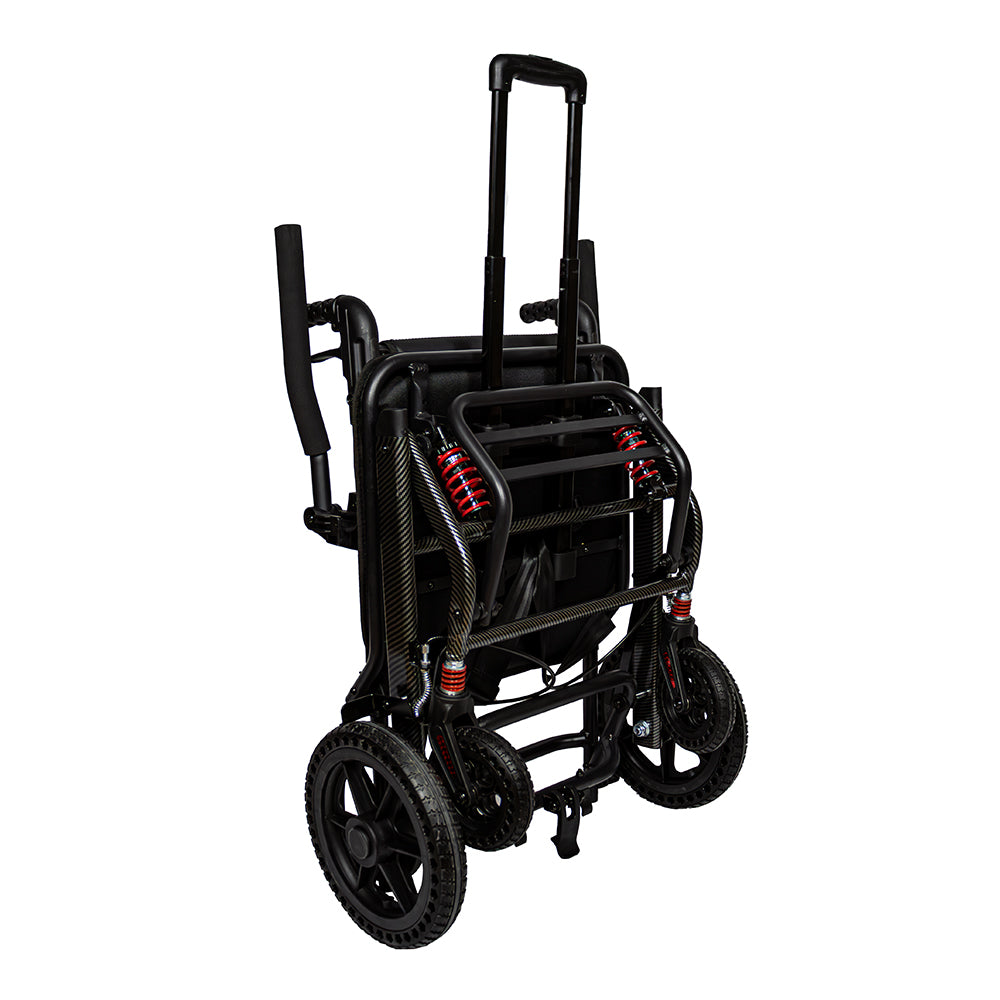Silla de ruedas de traslado de lujo para viaje, plegado tipo maleta, acabado fibra de carbono con amortiguadores