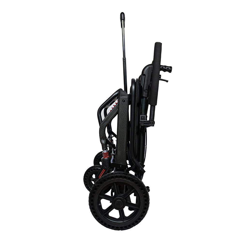 Silla de ruedas de traslado de lujo para viaje, plegado tipo maleta, acabado fibra de carbono con amortiguadores