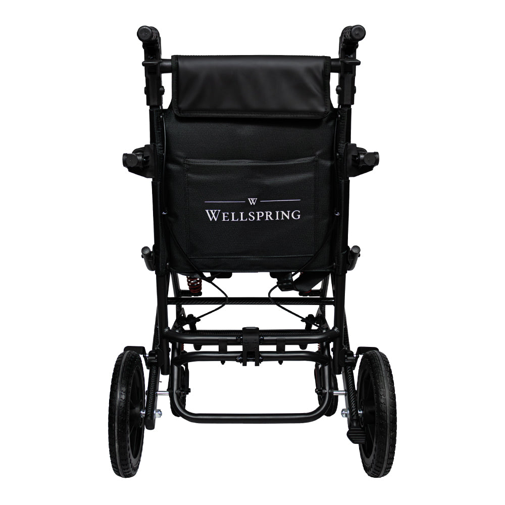 Silla de ruedas de traslado de lujo para viaje, plegado tipo maleta, acabado fibra de carbono con amortiguadores