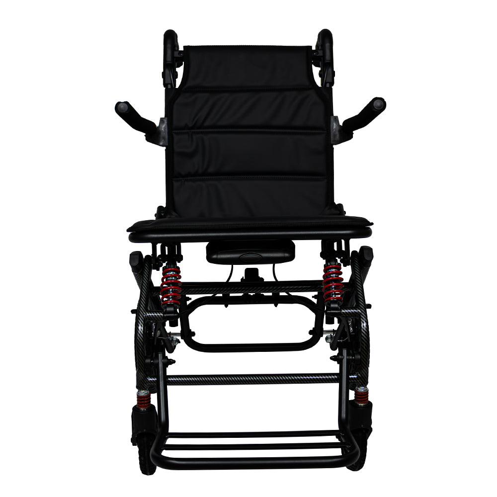 Silla de ruedas de traslado de lujo para viaje, plegado tipo maleta, acabado fibra de carbono con amortiguadores