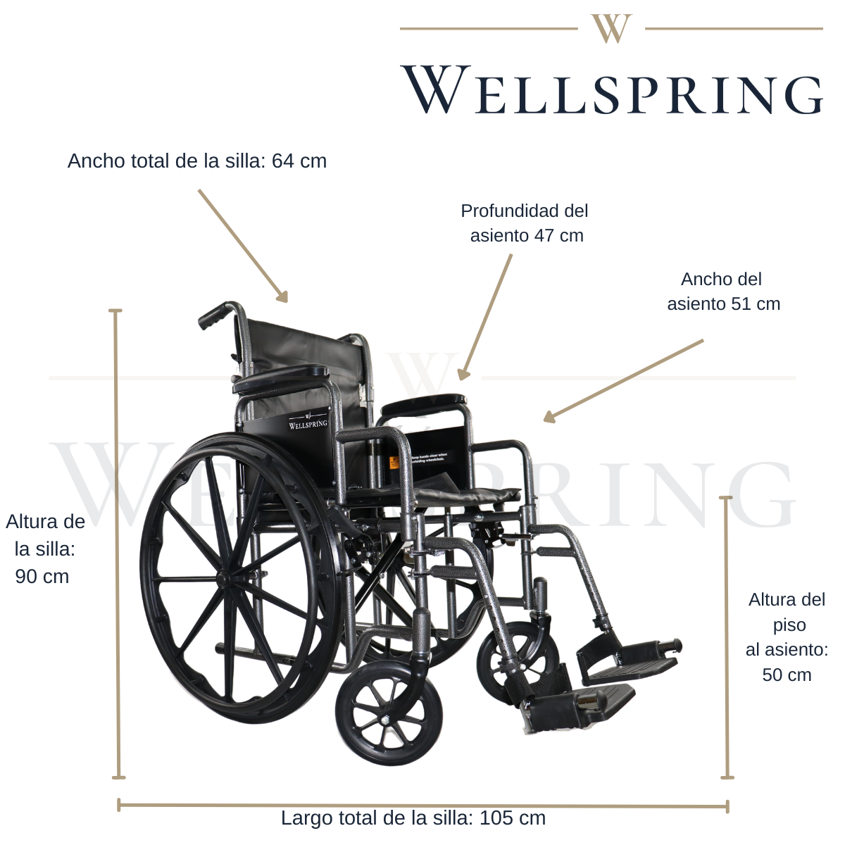 Silla De Ruedas Premium Marca Wellspring, Estribo y Descansa brazos Desmontables