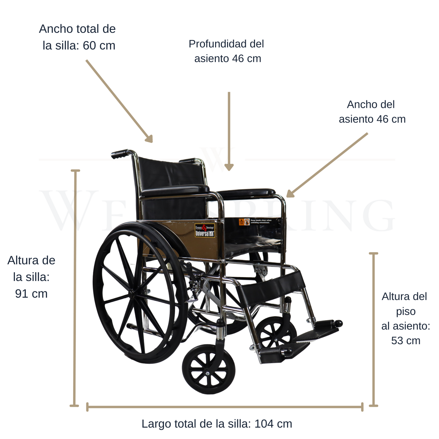 Silla de ruedas Everst & Jennings cromada, estribo fijo y descansa brazos fijo