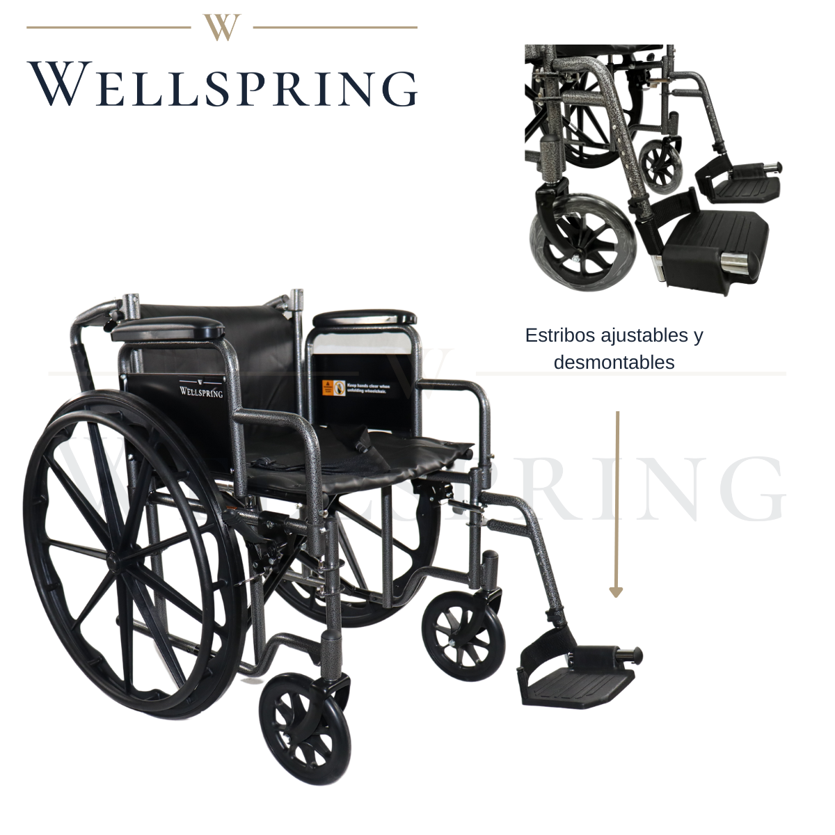 Silla De Ruedas Premium Marca Wellspring, Estribo y Descansa brazos Desmontables