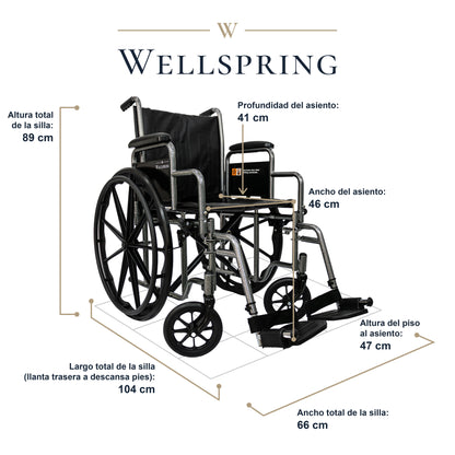 Silla De Ruedas Premium Marca Wellspring, Estribo y Descansa brazos Desmontables